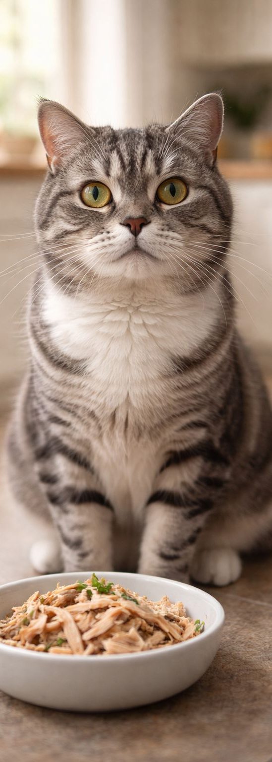 Gato frente a cuencos con pienso y comida casera en cocina luminosa Gato atigrado sentado frente a un plato de pasta en una mesa.