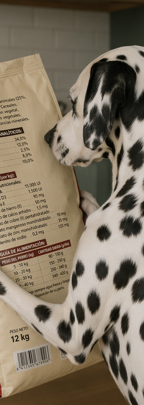 Perro curioso frente a varios platos de comida para mascotas y una pieza de carne cruda.