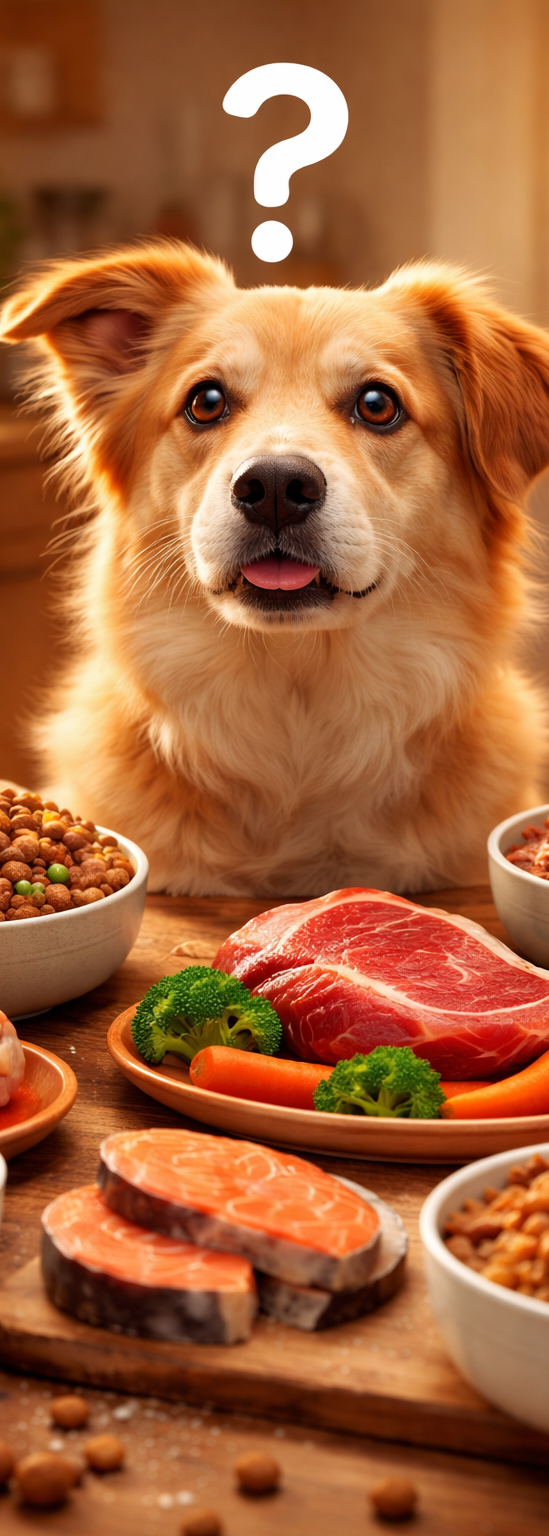 Perro curioso frente a varios platos de comida para mascotas y una pieza de carne cruda.