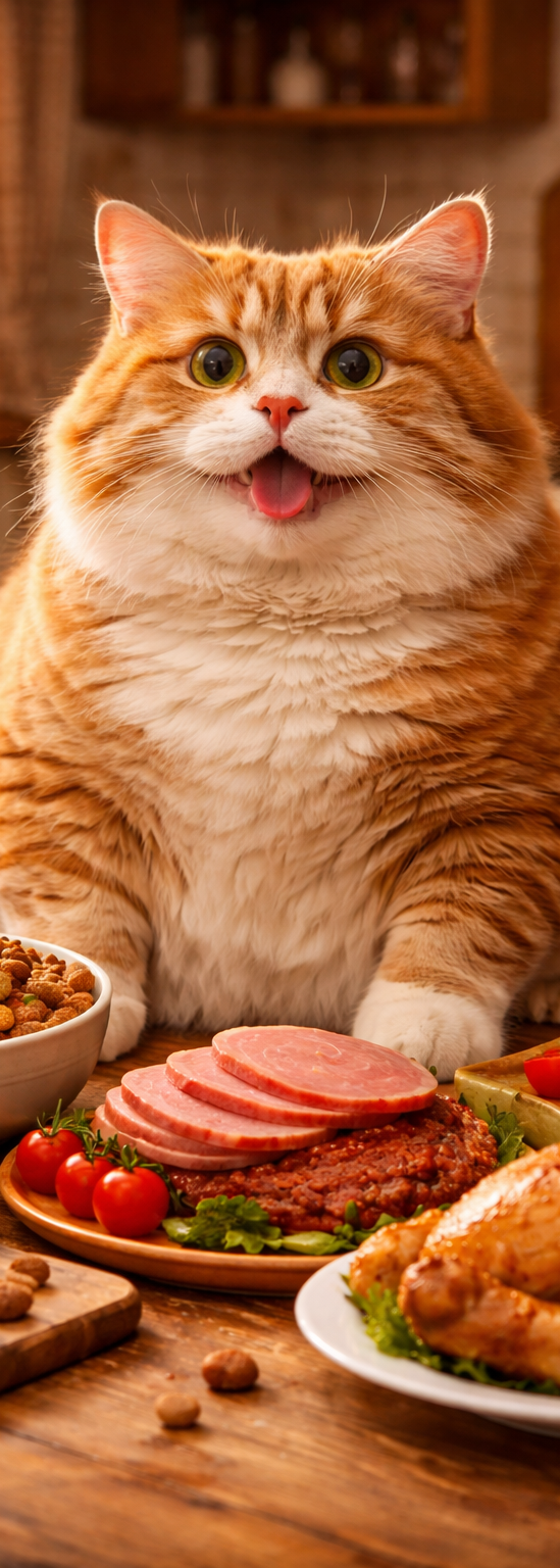 Gato atigrado grande sentado frente a comida, incluyendo carne y vegetales.