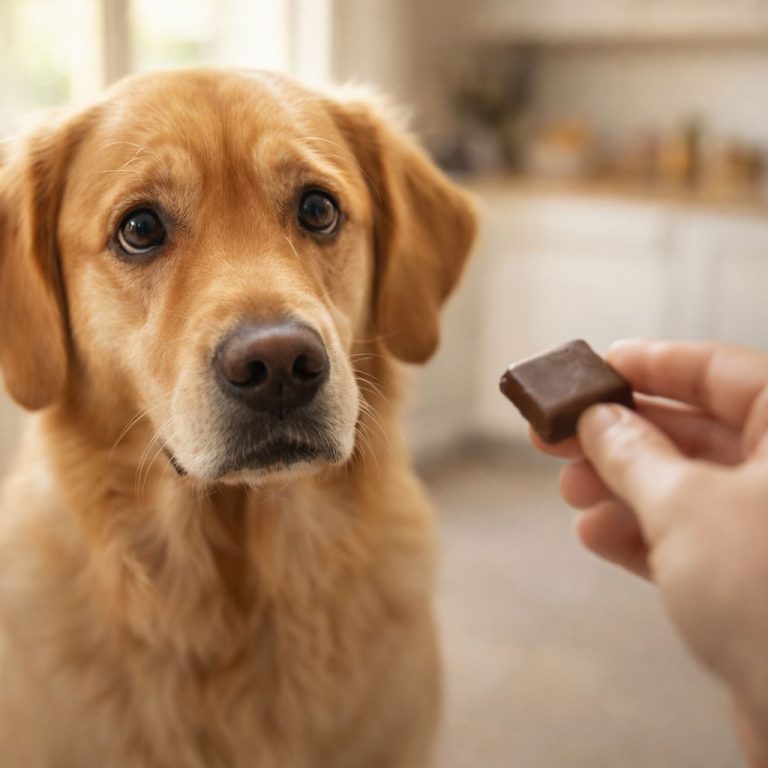 Perro labrador mirando con interés un trozo de chocolate que le ofrecen.